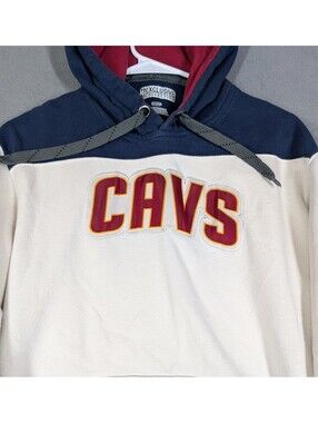Majestic Mens Small Cream Navy Cleveland Cavaliers Cavs Nba Hoodie Patches Retro